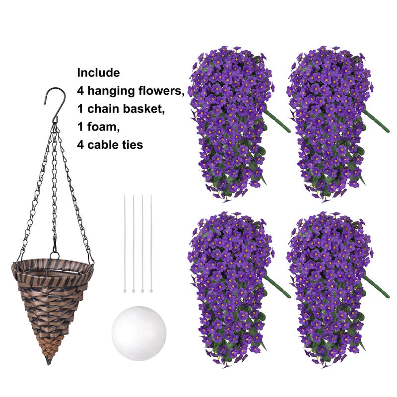HyeFlora Artificial Fake Outdoor Hanging Flowers Plants Basket for Outside Porch Decoration, Fake Silk Purple Daisy Flower UV Resistant Look Real Orchid Traing Vines for Home Balcony Yard Patio Garden Decor - Image 5
