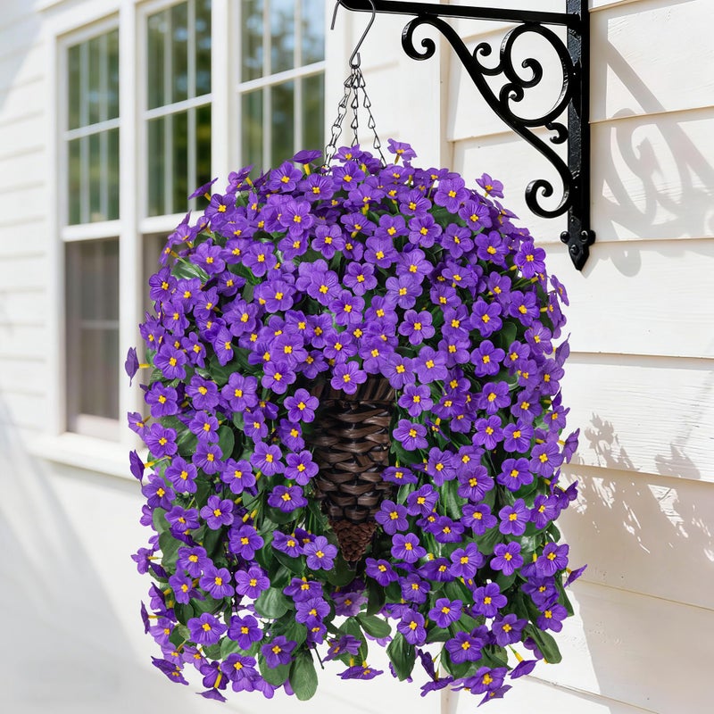 HyeFlora Artificial Fake Outdoor Hanging Flowers Plants Basket for Outside Porch Decoration, Fake Silk Purple Daisy Flower UV Resistant Look Real Orchid Traing Vines for Home Balcony Yard Patio Garden Decor - Image 1