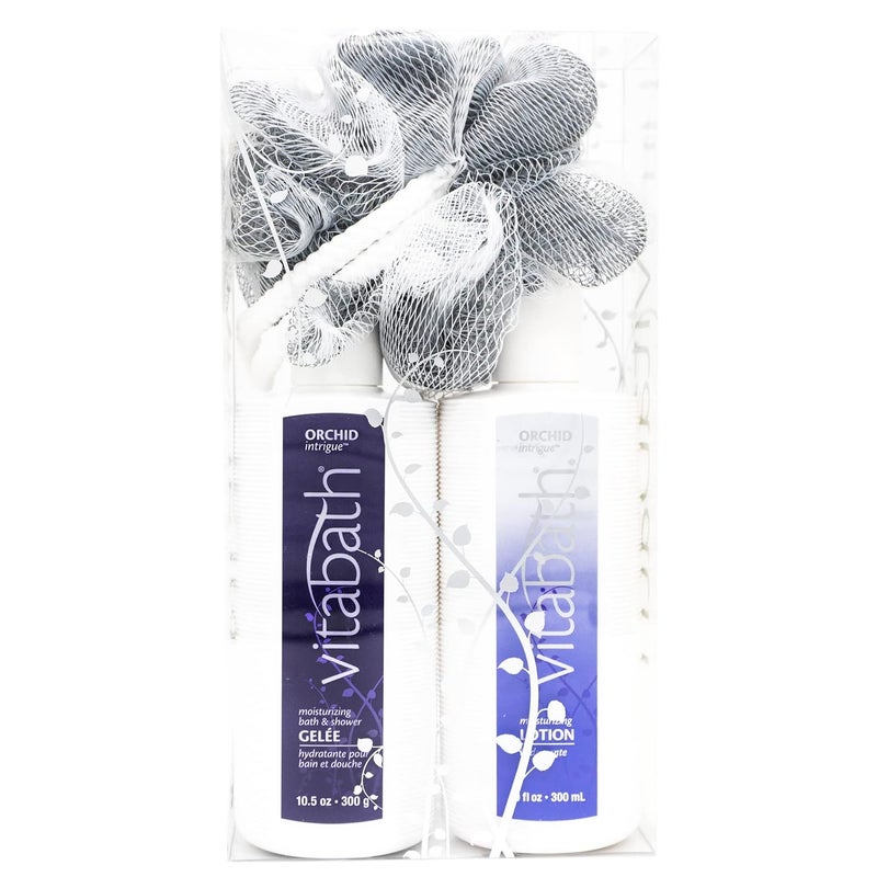 مجموعة العناية بالبشرة اليومية من فيتاباث أوركيد إنترج - جل استحمام مرطب، لوشن منعش، وفوطة تقشير الجسم - منظف رغوي جذاب وترطيب للبشرة الجافة للنساء والرجال