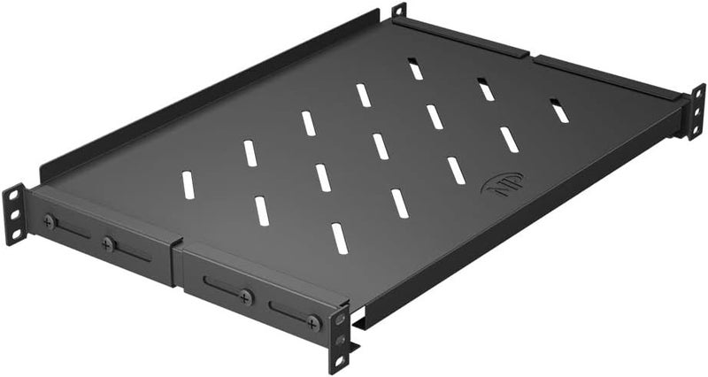 NavePoint Vented 4-Post Shelf, Adjustable, Black, 300 mm Depth, 1U, 242 lbs, Cold Rolled Steel - Image 1