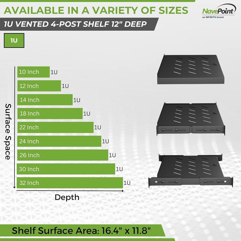 NavePoint Vented 4-Post Shelf, Adjustable, Black, 300 mm Depth, 1U, 242 lbs, Cold Rolled Steel - Image 3