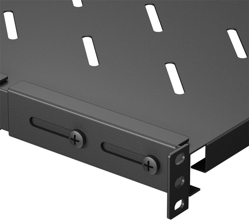 NavePoint Vented 4-Post Shelf, Adjustable, Black, 300 mm Depth, 1U, 242 lbs, Cold Rolled Steel - Image 4
