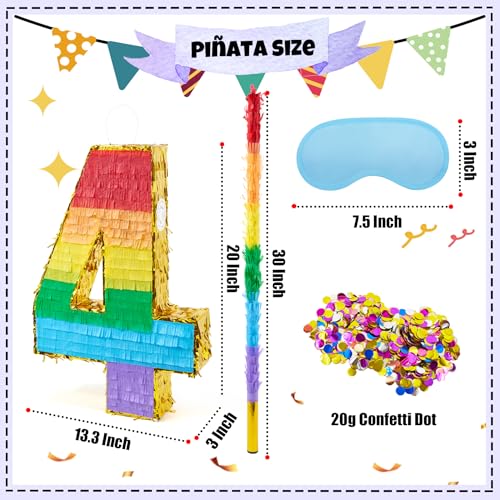 PCFING 20 Inch Number 4 Piata Rainbow with 30 Inch Piata Stick Blindfold Confetti for Boys Girls Adults Birthday Party Decorations Anniversary Celebration Fiesta - Image 5