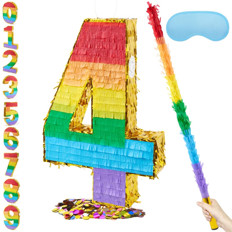 PCFING 20 Inch Number 4 Piata Rainbow with 30 Inch Piata Stick Blindfold Confetti for Boys Girls Adults Birthday Party Decorations Anniversary Celebration Fiesta - Image 3