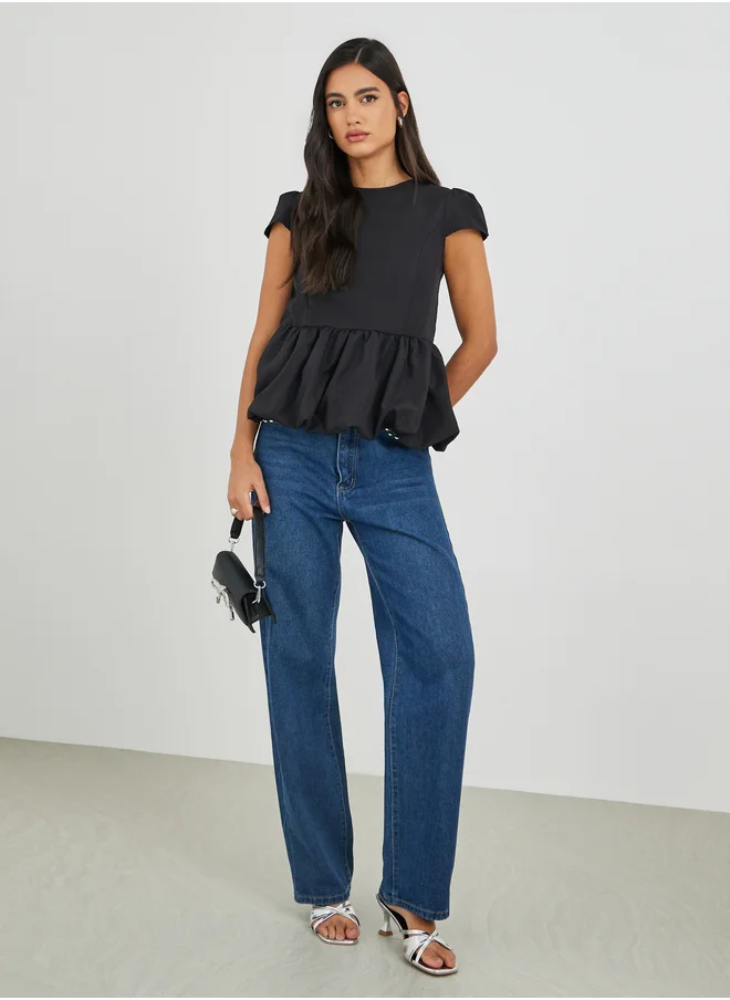 Styli Styli Balloon Hem Short Sleeve Blouse