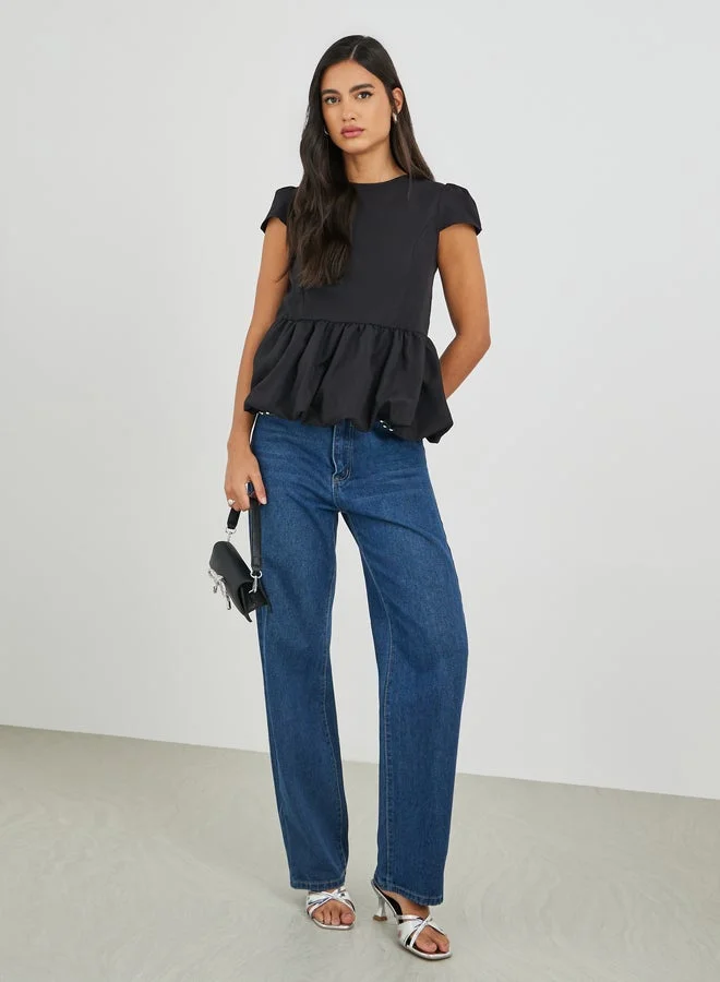 Styli Balloon Hem Short Sleeve Blouse