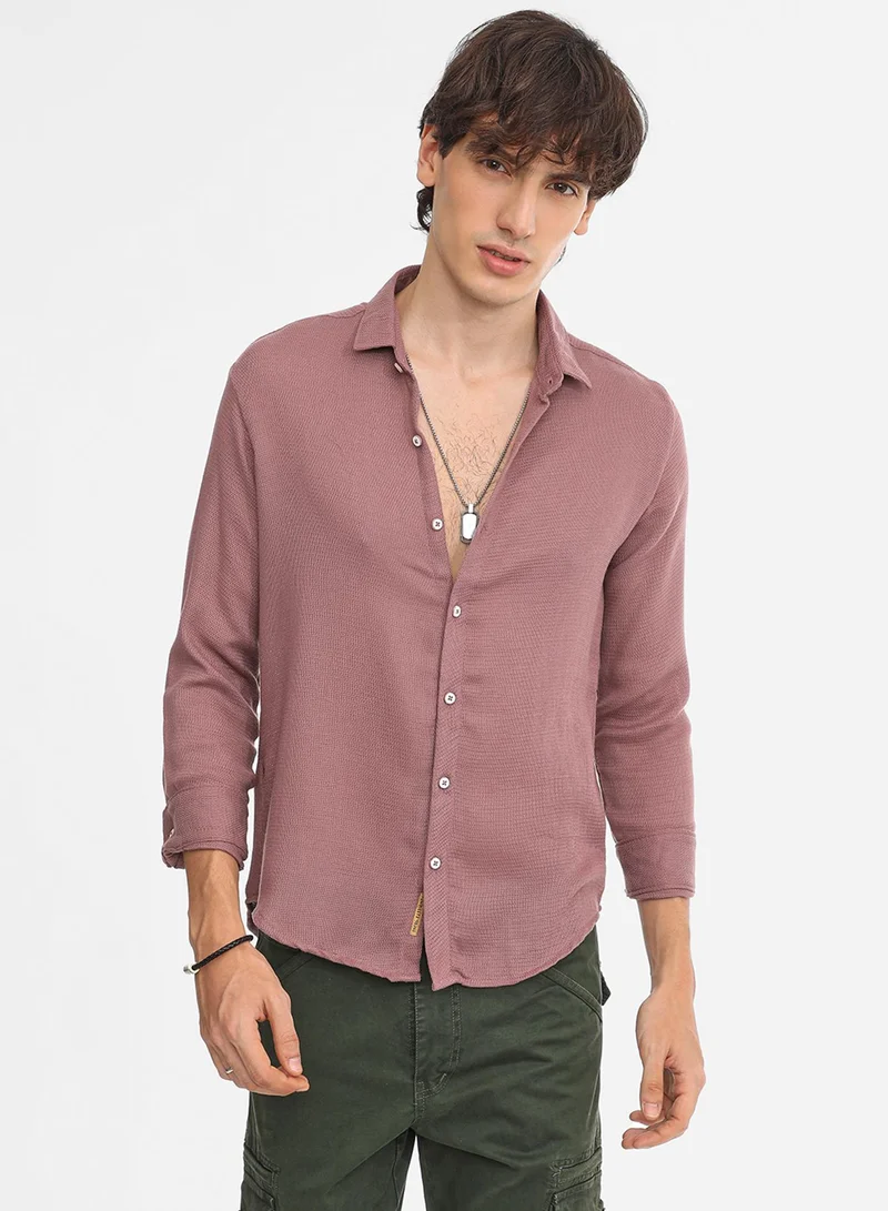 كامبوس سوترا Men's Nude Pink Woven-Textured Shirt For Casual Wear | Spread Collar | Long Sleeve | Button Closure | Shirt Crafted With Comfort Fit For Everyday Wear