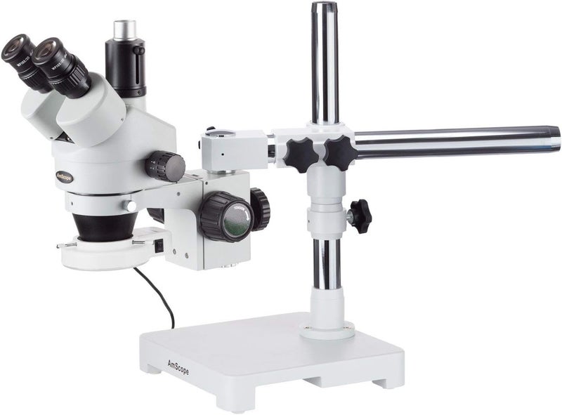 AmScope AmScope SM3TZ54S Professional Trinocular Stereo Zoom Microscope WH10x Eyepieces 35X90X Magnification 07X45X Zoom Objective 54Bulb LED Light SingleArm Boom Stand 110V240V Includes 05X and 20X Barlow Lenses  - Image 1