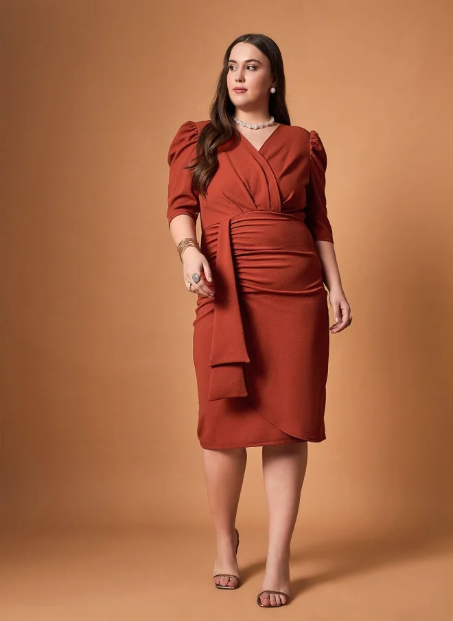 ساسافراس Rust Wrap Midi Dress for Women