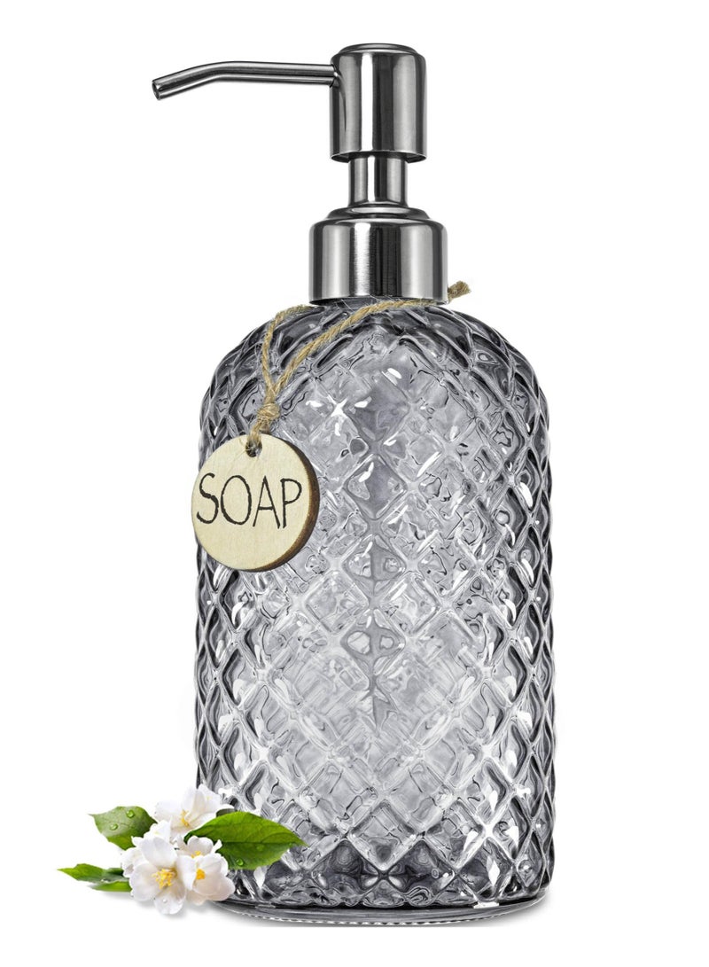 18 oz. Gray Glass Soap Dispenser with Stainless Steel Pump, Refillable Kitchen Soap Dispenser for Dish Soap, Bathroom Soap Dispenser for Hand Soap and Lotion  - Image 1