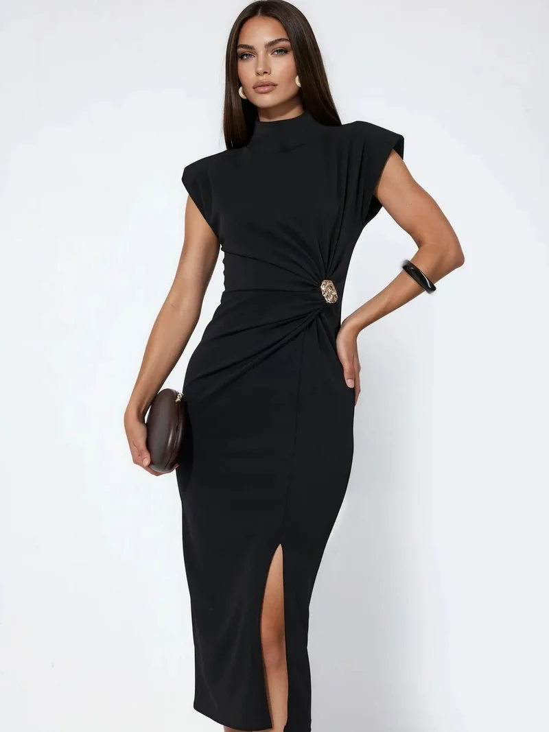 Busem Black BUSEM Women’s Half Turtleneck Midi Dress for Women | Best Price UAE
