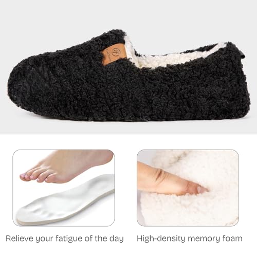 EverFoams Women’s Soft Curly Full Slippers Memory Foam Lightweight House Shoes Cozy Loafer with Polar Fleece Lining Black,8.5 US - Image 3