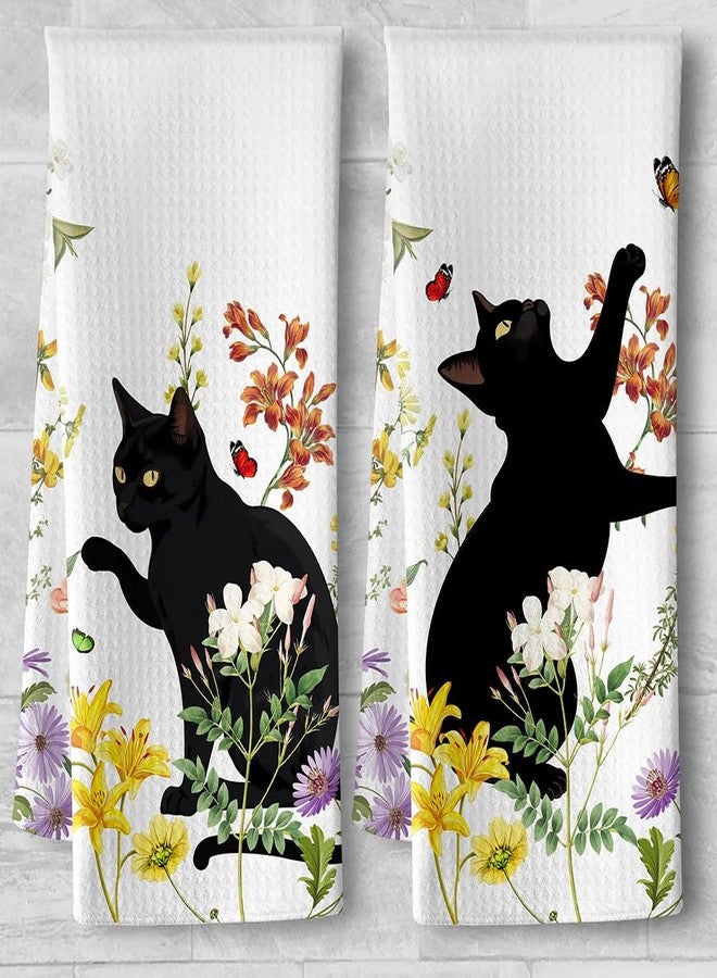 Iznomo 2-Pack Black Cat & Floral Kitchen Towels Decorative Set - Playful Feline Set-Quick-Drying Decorative Design Hand Towels for Cooking, Bathroom Decor - Purrfect Funny Gifts for Cat Lovers for Women - Image 1