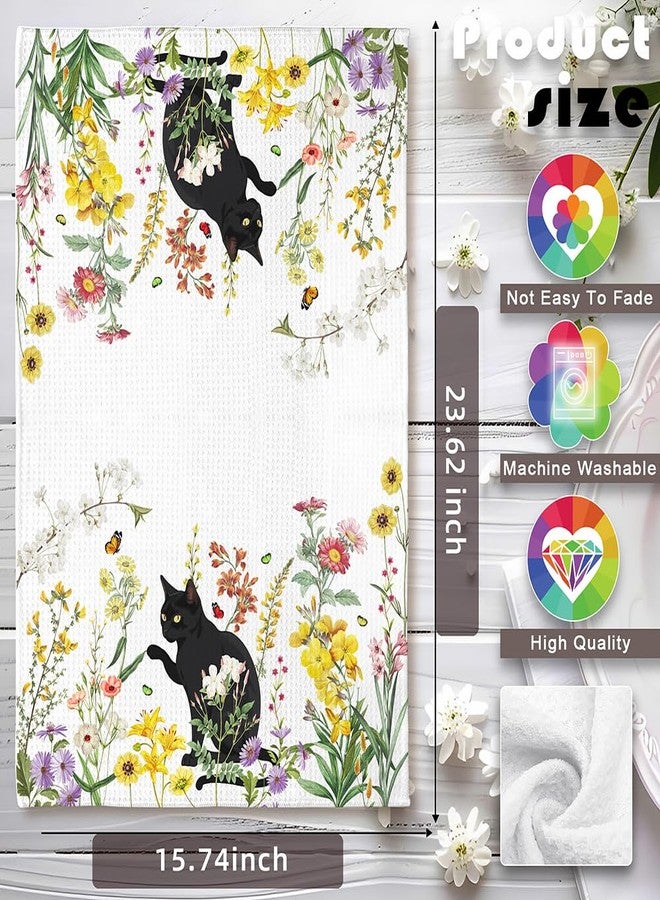 Iznomo 2-Pack Black Cat & Floral Kitchen Towels Decorative Set - Playful Feline Set-Quick-Drying Decorative Design Hand Towels for Cooking, Bathroom Decor - Purrfect Funny Gifts for Cat Lovers for Women - Image 3