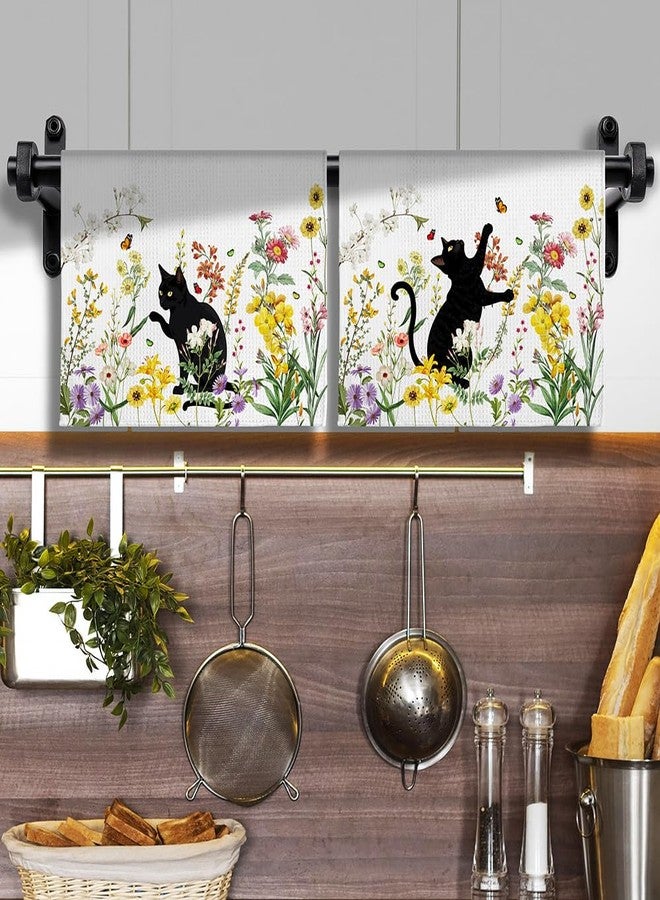 Iznomo 2-Pack Black Cat & Floral Kitchen Towels Decorative Set - Playful Feline Set-Quick-Drying Decorative Design Hand Towels for Cooking, Bathroom Decor - Purrfect Funny Gifts for Cat Lovers for Women - Image 2