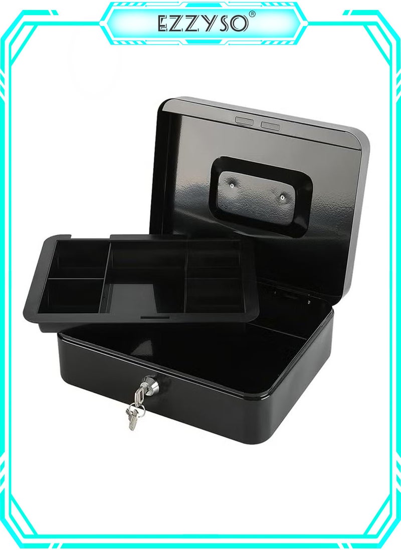 EzzySo - Locking Cash Box with Key Lock, Metal Money Safe with Cash Tray, Cash Storage Box with Lockable Cover, Money Saving Organizer Black - Image 1