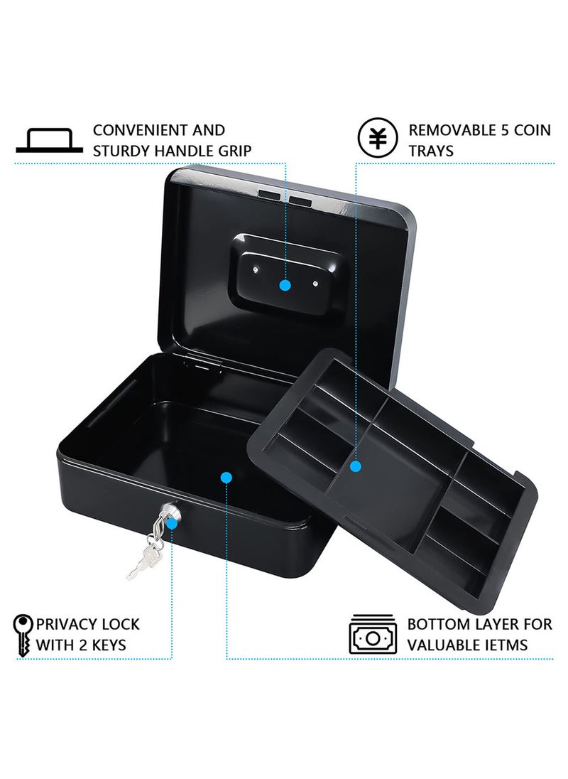 EzzySo - Locking Cash Box with Key Lock, Metal Money Safe with Cash Tray, Cash Storage Box with Lockable Cover, Money Saving Organizer Black - Image 1