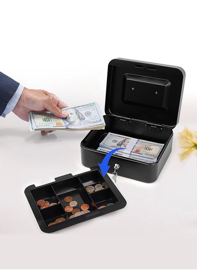 EzzySo - Locking Cash Box with Key Lock, Metal Money Safe with Cash Tray, Cash Storage Box with Lockable Cover, Money Saving Organizer Black - Image 1