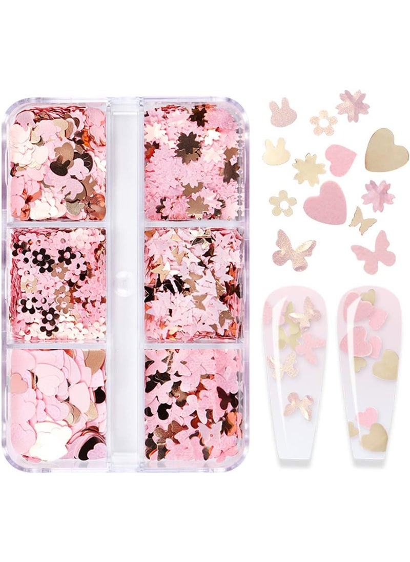 XIELIME - Valentine's Day Nail Art Stickers Decals Pink Gold Heart Nail Glitter Sequins Shiny Flower Butterfly Bunny Glitter Flakes Lovely Parts for Design Valentine Charms Nail Accessories 6 Grids - Image 1