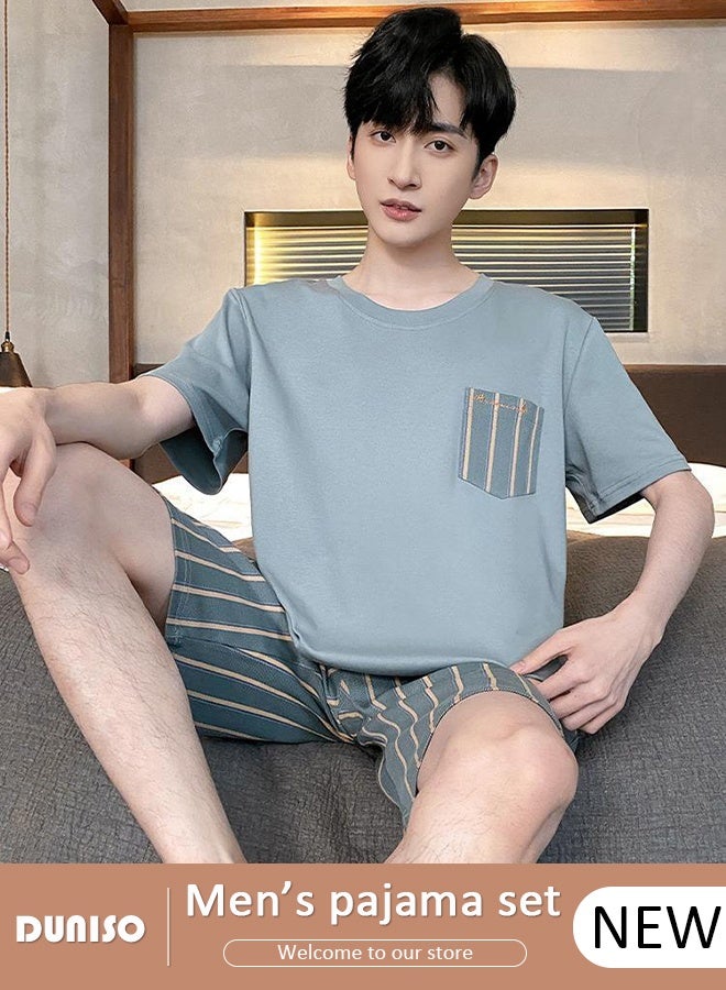 DUNISO Mens Pajama Sets Short Sleeve Pyjama Sleepwear Loungewear Nightwear Sets Comfortable Nightwear Lightweight Round Neck Short Sleeve Stripes Short Pant Sleep Sets Summer Male Sleepwear  - Image 1