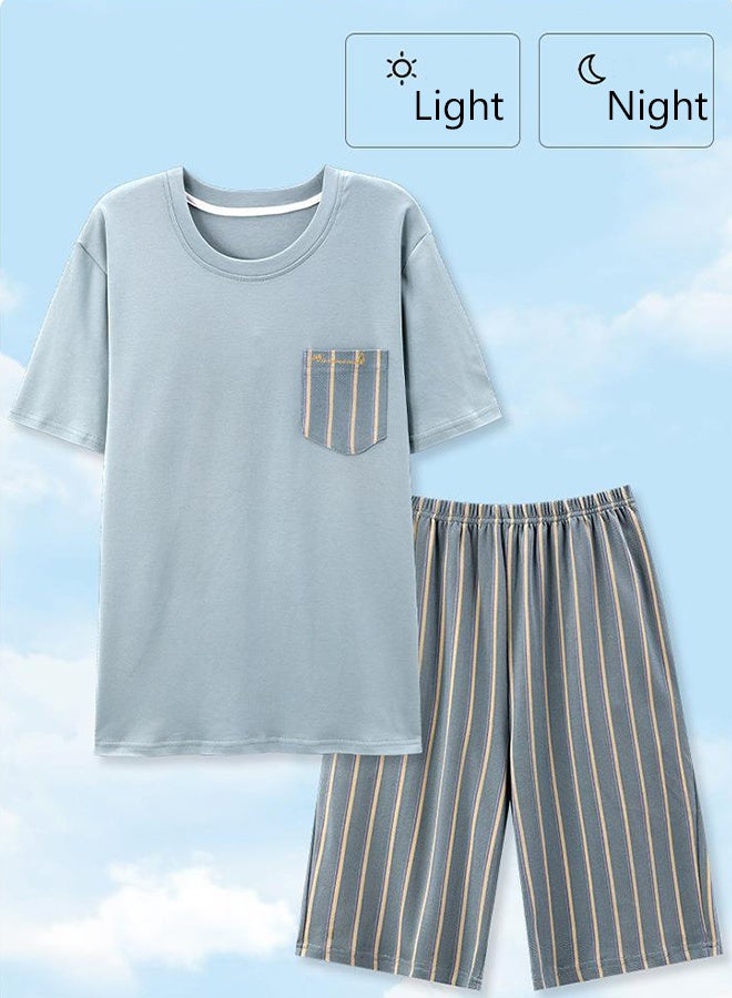 DUNISO Mens Pajama Sets Short Sleeve Pyjama Sleepwear Loungewear Nightwear Sets Comfortable Nightwear Lightweight Round Neck Short Sleeve Stripes Short Pant Sleep Sets Summer Male Sleepwear  - Image 5