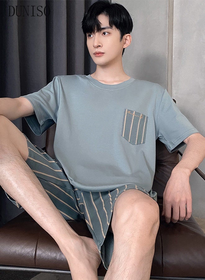 DUNISO Mens Pajama Sets Short Sleeve Pyjama Sleepwear Loungewear Nightwear Sets Comfortable Nightwear Lightweight Round Neck Short Sleeve Stripes Short Pant Sleep Sets Summer Male Sleepwear  - Image 3