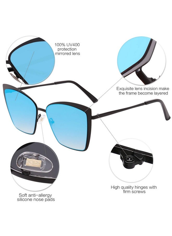 Sojos Cateye Sunglasses For Women Fashion Mirrored Lens Metal Frame Sj1086 With Matte Black Frame/Gradient Blue Mirrored Lens  - Image 3