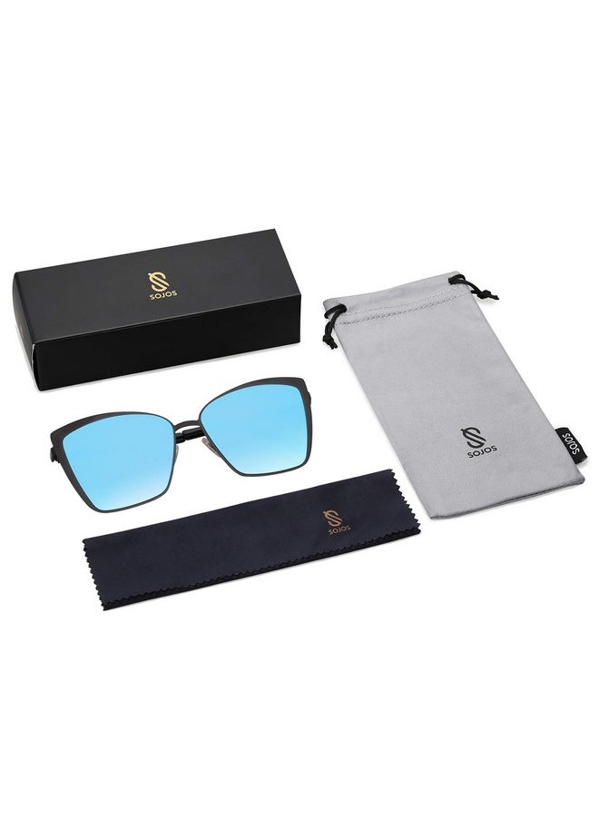Sojos Cateye Sunglasses For Women Fashion Mirrored Lens Metal Frame Sj1086 With Matte Black Frame/Gradient Blue Mirrored Lens  - Image 5