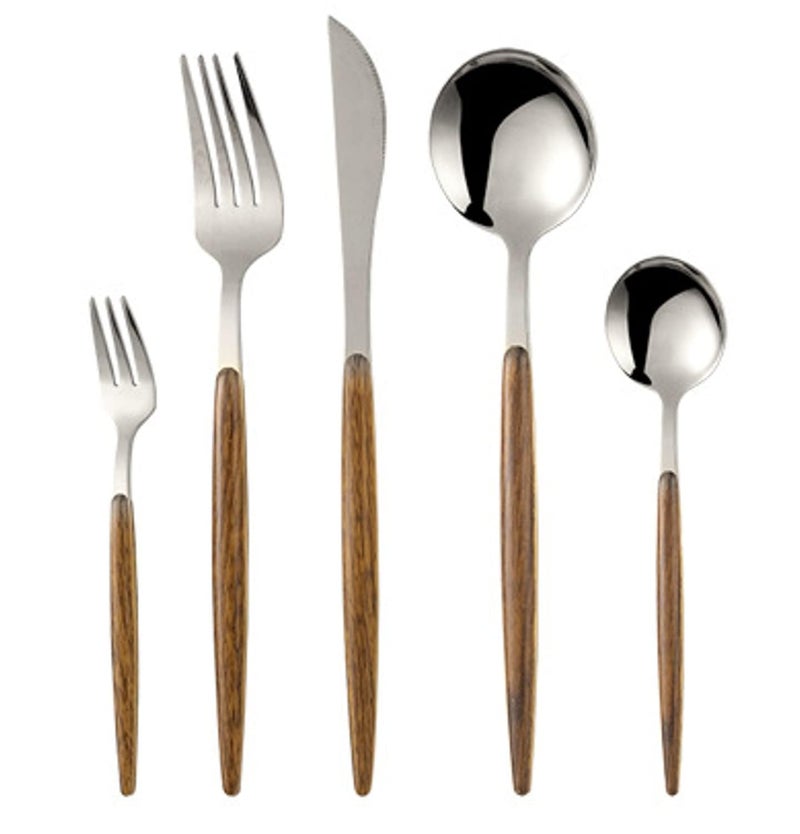 DLEST 5 Piece Stainless Steel Flatware Set Mirror Finish Cutlery Set Including Forks Spoons Knife with Faux Wood Handle Dinnerware Sets for Kitchen Restaurant Silver Pack of 5 - Image 1