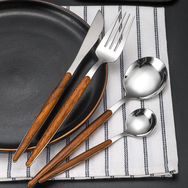 DLEST 5 Piece Stainless Steel Flatware Set Mirror Finish Cutlery Set Including Forks Spoons Knife with Faux Wood Handle Dinnerware Sets for Kitchen Restaurant Silver Pack of 5 - Image 4