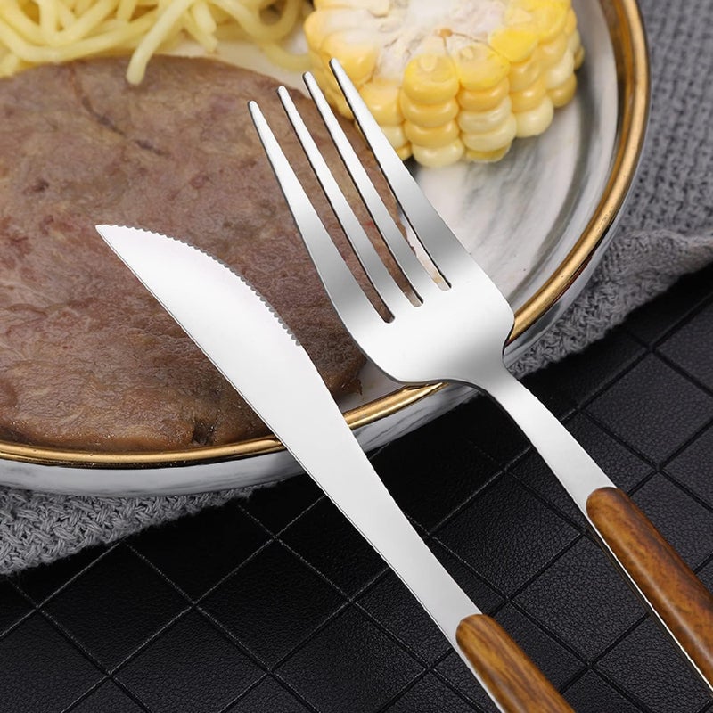 DLEST 5 Piece Stainless Steel Flatware Set Mirror Finish Cutlery Set Including Forks Spoons Knife with Faux Wood Handle Dinnerware Sets for Kitchen Restaurant Silver Pack of 5 - Image 5