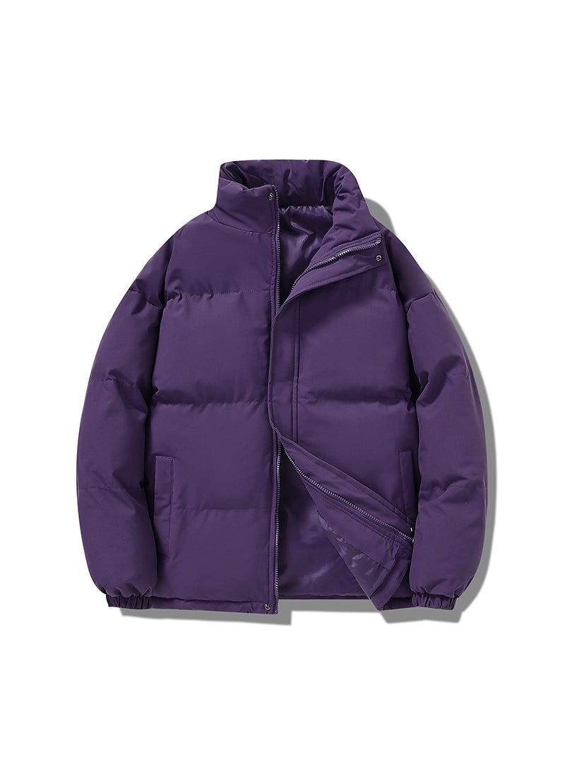 Generic Winter Casual Stand Collar Trendy Cotton Padded Coat Men Loose Fit Solid Color Cotton Coat Couple Jacket Thickened Warm Puffer J Creamy-white  - Image 2