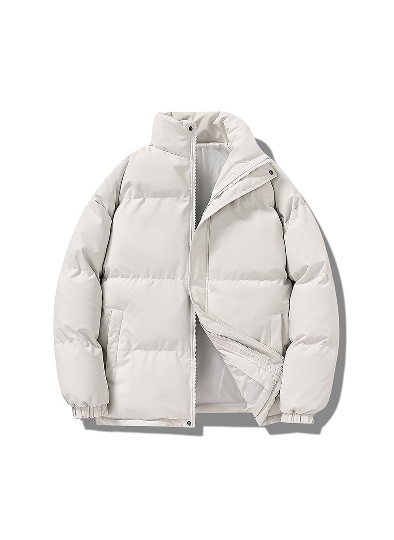 Generic Winter Casual Stand Collar Trendy Cotton Padded Coat Men Loose Fit Solid Color Cotton Coat Couple Jacket Thickened Warm Puffer J Creamy-white  - Image 1