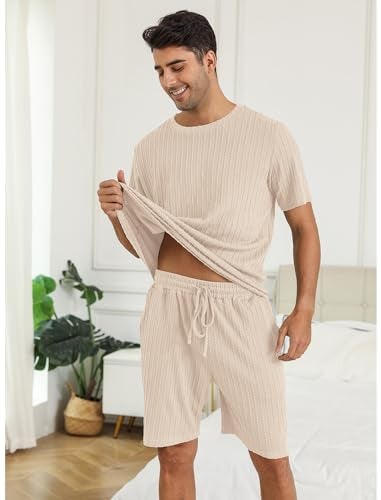 EISHOPEER Mens Ribbed Knit Pajamas Set Crewneck Short Sleeve Pj Set Matching Outfits Top and Shorts Loungewear Casual Sweatsuits Beige Medium - Image 3