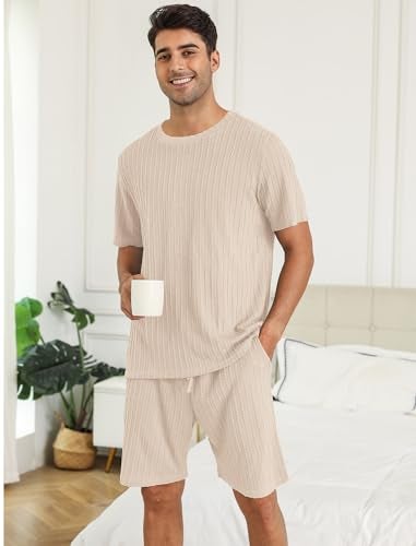 EISHOPEER Mens Ribbed Knit Pajamas Set Crewneck Short Sleeve Pj Set Matching Outfits Top and Shorts Loungewear Casual Sweatsuits Beige Medium - Image 2