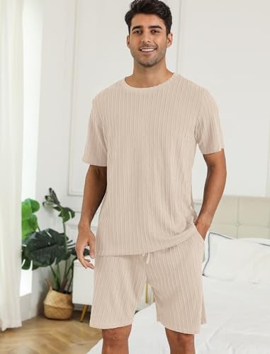 EISHOPEER Mens Ribbed Knit Pajamas Set Crewneck Short Sleeve Pj Set Matching Outfits Top and Shorts Loungewear Casual Sweatsuits Beige Medium - Image 5