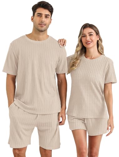 EISHOPEER Mens Ribbed Knit Pajamas Set Crewneck Short Sleeve Pj Set Matching Outfits Top and Shorts Loungewear Casual Sweatsuits Beige Medium - Image 1