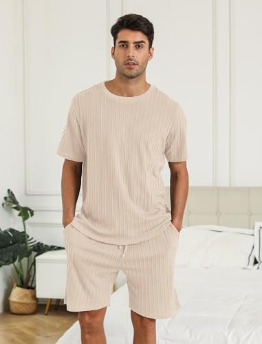 EISHOPEER Mens Ribbed Knit Pajamas Set Crewneck Short Sleeve Pj Set Matching Outfits Top and Shorts Loungewear Casual Sweatsuits Beige Medium - Image 4