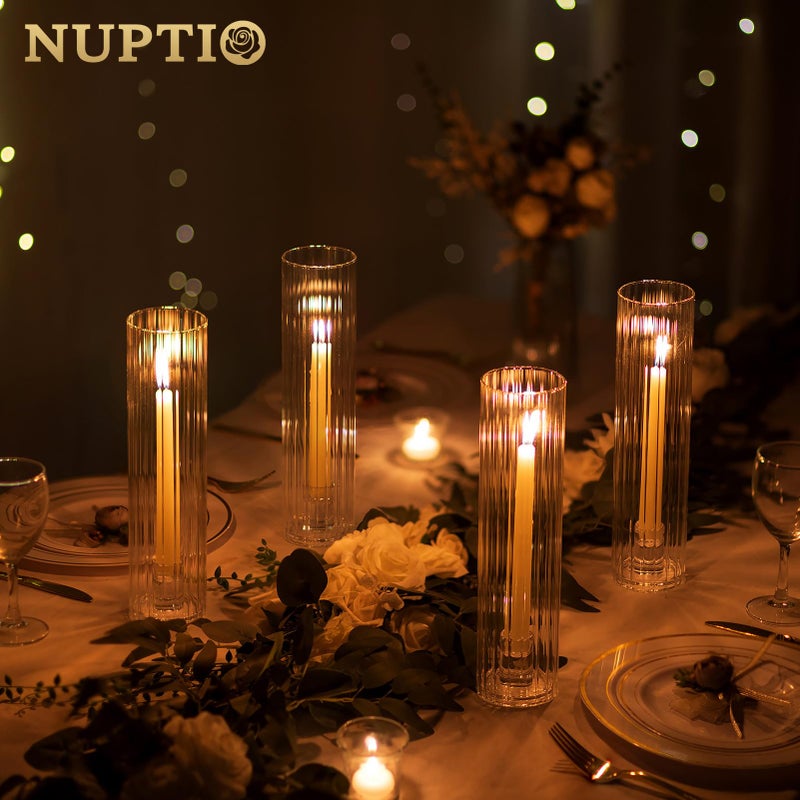NUPTIO Fluted Candle Holder Set: Bulk Hurricane Candlestick Holders with Ribbed Glass Cylinder Sleeve - Set of 10 Tapere Candle Stick Stand for Fall Thanksgiving Christmas Decor - Image 3