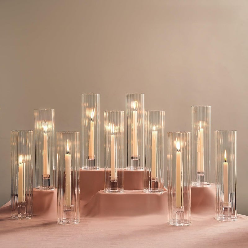 NUPTIO Fluted Candle Holder Set: Bulk Hurricane Candlestick Holders with Ribbed Glass Cylinder Sleeve - Set of 10 Tapere Candle Stick Stand for Fall Thanksgiving Christmas Decor - Image 1