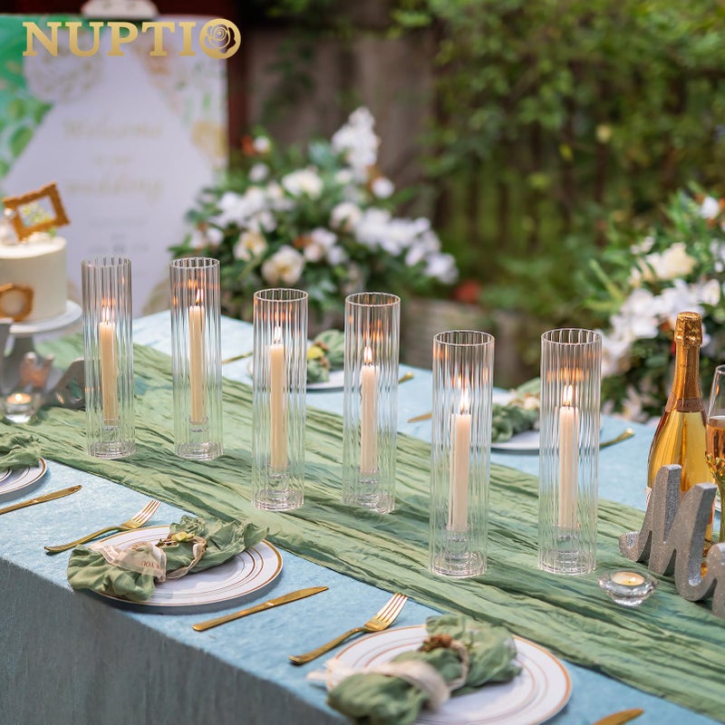 NUPTIO Fluted Candle Holder Set: Bulk Hurricane Candlestick Holders with Ribbed Glass Cylinder Sleeve - Set of 10 Tapere Candle Stick Stand for Fall Thanksgiving Christmas Decor - Image 2
