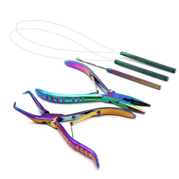 PROFESSIONAL HAIR EXTENSION BEADING TOOL KIT REMOVE PLIER SET FOR BEADS 4 PIECE ILINK MICRO RING LOOP NEEDLE PULLING HOOK THREADER WIRE FOR SILICONE RINGS MULTI