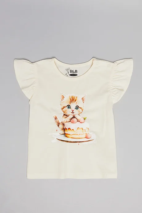 أر أند بي Printed Top with Crew Neck and Flutter Sleeves