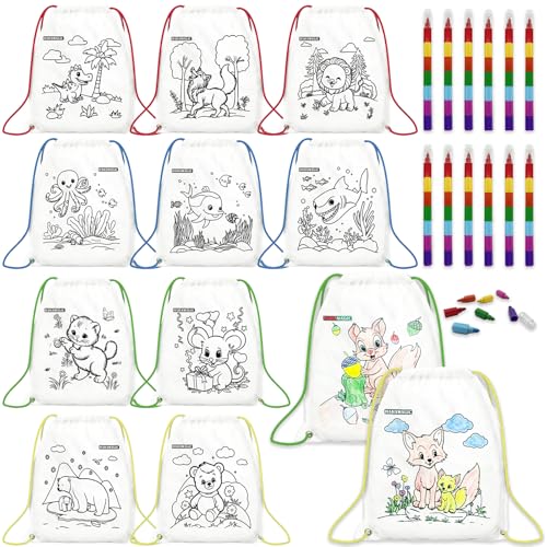 HahaMagic 12 PCS Colorable Drawstring Backpack for kids with 12 stackable crayons 7 Colors Each Perfect for return gifts birthday goodie bags and art party favor bags for kids - Image 1