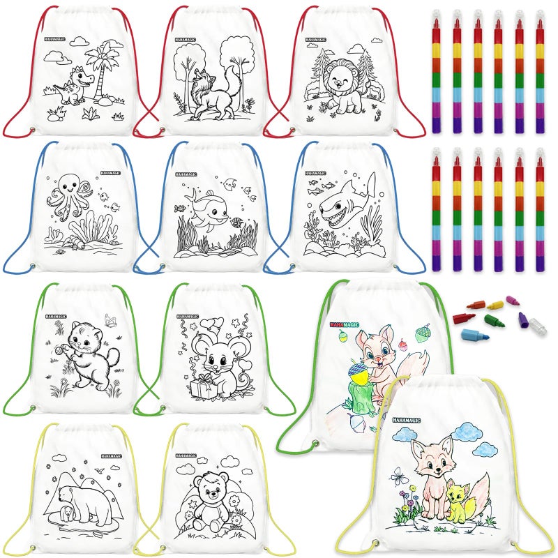 HahaMagic 12 PCS Colorable Drawstring Backpack for kids with 12 stackable crayons 7 Colors Each Perfect for return gifts birthday goodie bags and art party favor bags for kids - Image 2