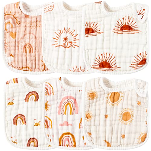 Zainpe 6Pcs Snap Muslin Cotton Bibs for Baby Rainbow Sun Star Adjustable Feeding Bib Machine Washable Unisex Burp Cloths with 6 Absorbent Soft Layers for Infant Newborn Toddler Drooling Teething - Image 1
