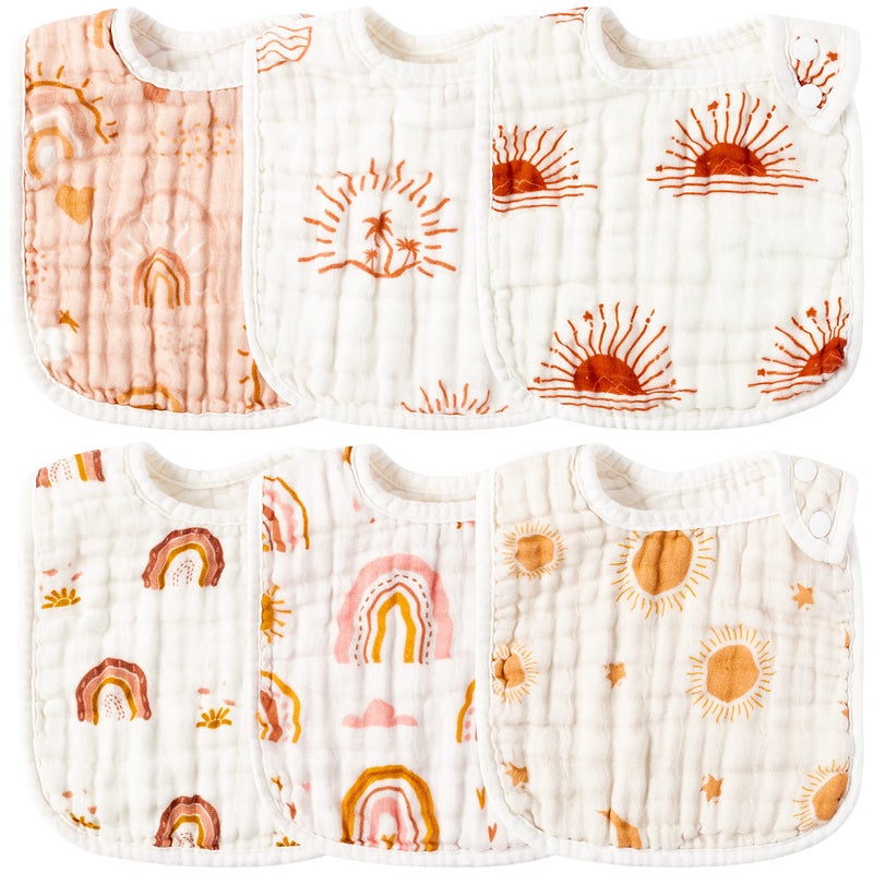 Zainpe 6Pcs Snap Muslin Cotton Bibs for Baby Rainbow Sun Star Adjustable Feeding Bib Machine Washable Unisex Burp Cloths with 6 Absorbent Soft Layers for Infant Newborn Toddler Drooling Teething - Image 2