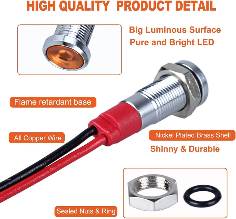 DMWD 10Pcs 6mm (1/4") Energy Saving LED Indicator Light 12V-24V 20mA Metal Waterproof Wide Flat Head Signal Lamp Pilot Dash Directional with Wire （Yellow LED） - Image 3