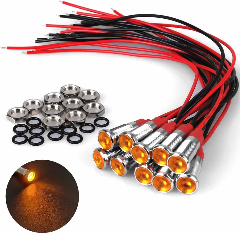 DMWD 10Pcs 6mm (1/4") Energy Saving LED Indicator Light 12V-24V 20mA Metal Waterproof Wide Flat Head Signal Lamp Pilot Dash Directional with Wire （Yellow LED） - Image 1