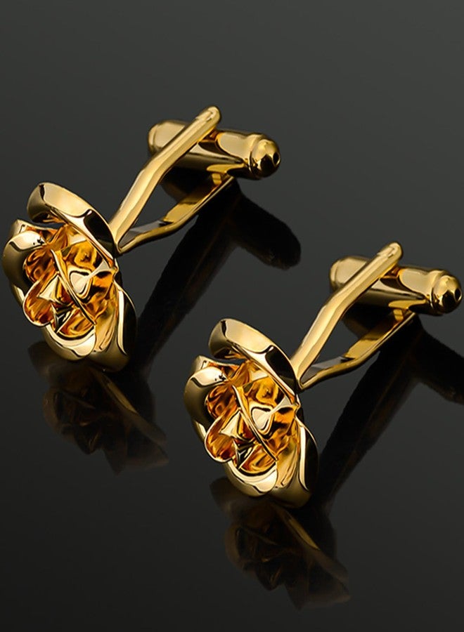 Jonwo Rose Flower Cufflinks and Tie Pin Set Regular Necktie Tie Clip Tie Bar Men Cufflinks for Wedding Business Shirt Tie (14K Gold Plated Cufflinks Tie Pin Set) - Image 4